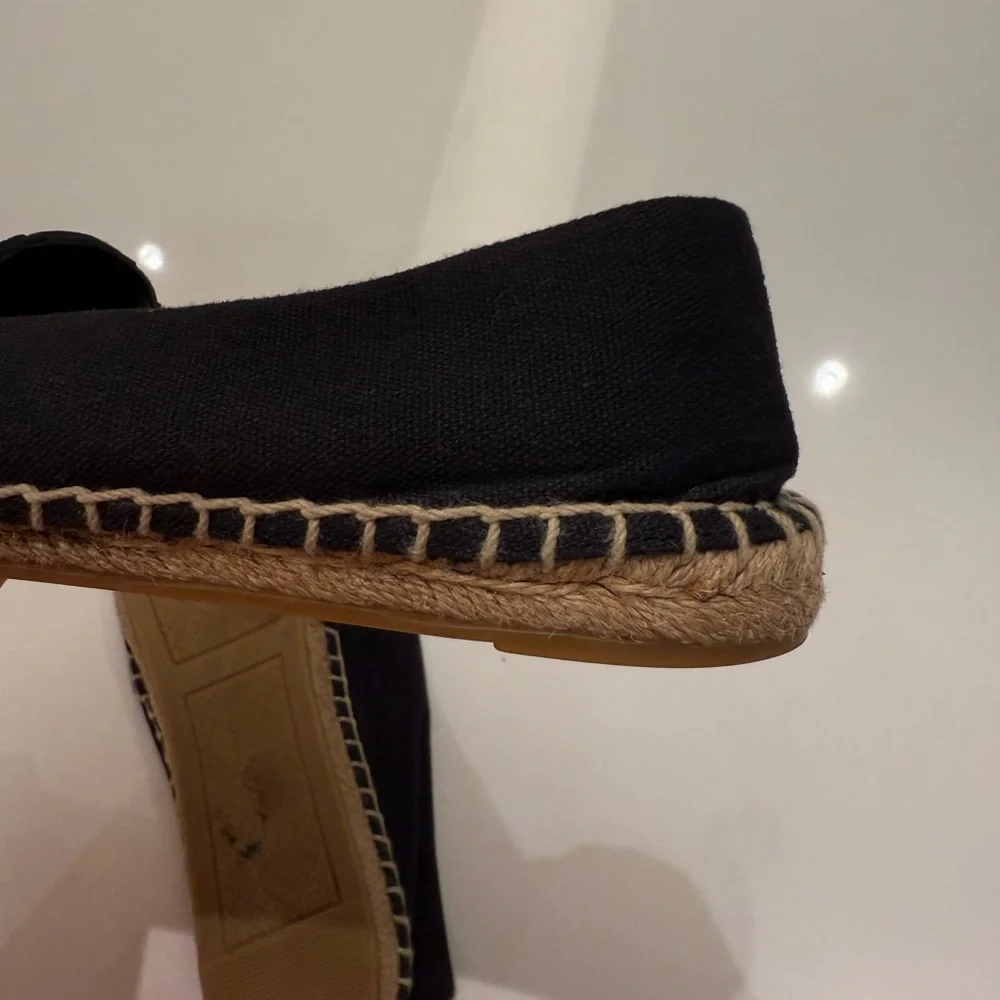 Tory Burch Poppy Espadrille Flats Black Canvas Patent Leather‎ Logo 10M
